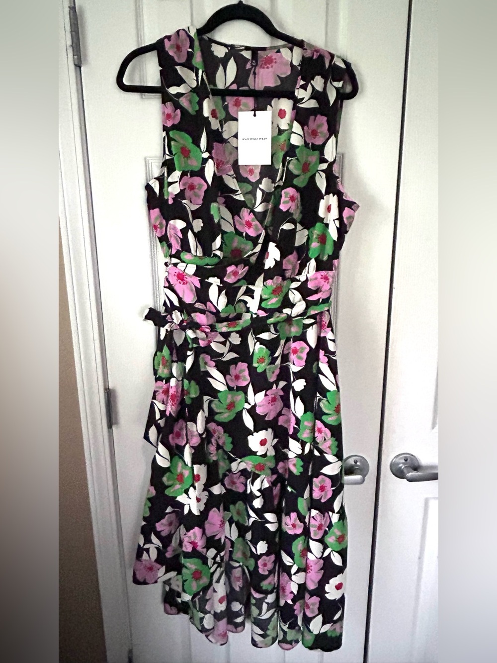 Who What Wear Black Floral Wrap Midi Dress with Pink & Green